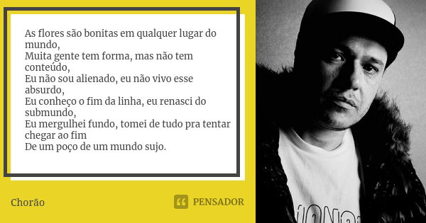 As flores são bonitas em qualquer lugar do mundo, Muita gente tem forma, mas não tem conteúdo, Eu não sou alienado, eu não vivo esse absurdo, Eu conheço o fim d... Frase de Chorão.