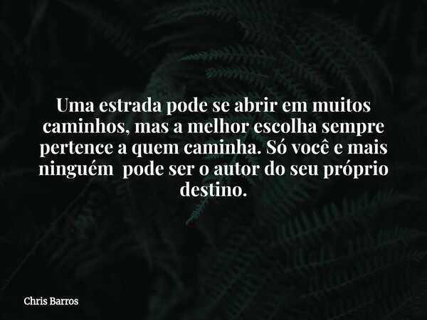 Uma estrada pode se abrir em muitos caminhos, mas a melhor escolha sempre pertence a quem caminha. Só você e mais ninguém pode ser o autor do seu próprio destin... Frase de Chris Barros.