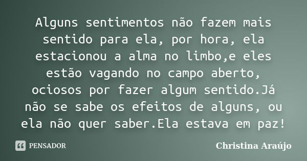 Alguns sentimentos não fazem mais sentido para ela, por hora, ela estacionou a alma no limbo,e eles estão vagando no campo aberto, ociosos por fazer algum senti... Frase de Christina Araújo.