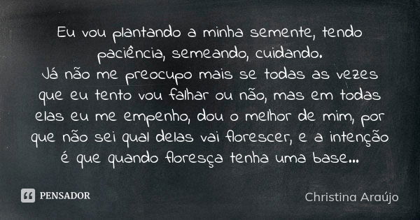 Eu vou plantando a minha semente, tendo paciência, semeando, cuidando. Já não me preocupo mais se todas as vezes que eu tento vou falhar ou não, mas em todas el... Frase de Christina Araújo.