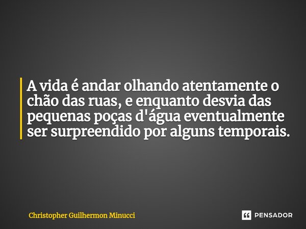 A vida é andar olhando atentamente o chão das ruas, e enquanto desvia das pequenas poças d'água eventualmente ser surpreendido por alguns temporais.... Frase de Christopher Guilhermon Minucci.
