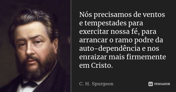 Nós precisamos de ventos e tempestades para exercitar nossa fé, para arrancar o ramo podre da auto-dependência e nos enraizar mais firmemente em Cristo.... Frase de C.H.Spurgeon.