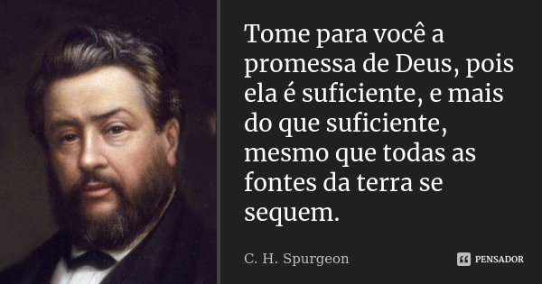 Tome para você a promessa de Deus, pois ela é suficiente, e mais do que suficiente, mesmo que todas as fontes da terra se sequem.... Frase de C. H. Spurgeon.