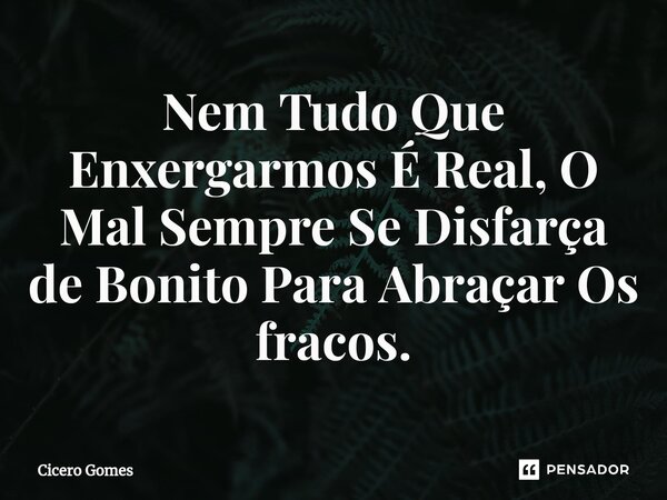 ⁠Nem Tudo Que Enxergarmos É Real, O Mal Sempre Se Disfarça de Bonito Para Abraçar Os fracos.... Frase de Cicero Gomes.