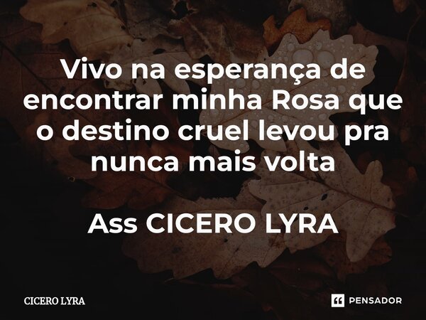 ⁠Vivo na esperança de encontrar minha Rosa que o destino cruel levou pra nunca mais volta Ass CICERO LYRA... Frase de CICERO LYRA.