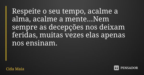 Respeite o seu tempo, acalme a alma, acalme a mente...Nem sempre as decepções nos deixam feridas, muitas vezes elas apenas nos ensinam.... Frase de Cida Maia.