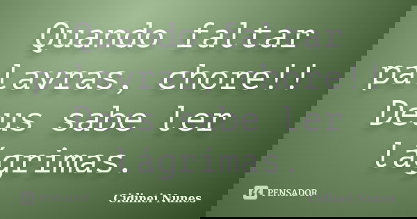 Quando faltar palavras, chore!! Deus sabe ler lágrimas.... Frase de Cidinei Nunes.