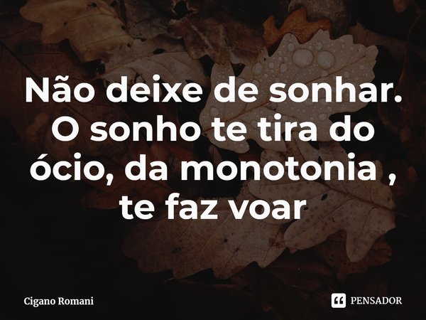 ⁠Não deixe de sonhar. O sonho te tira do ócio, da monotonia , te faz voar... Frase de Cigano Romani.