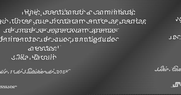 Hoje, poetizando a caminhada, vejo flores que brotaram entre as pedras, de onde se esperavam apenas os ferimentos de suas pontiagudas arestas! Cika Parolin... Frase de Cika Parolin 11 de Outubro de 2018.