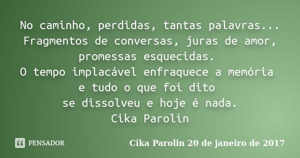 No caminho, perdidas, tantas palavras... Fragmentos de conversas, juras de amor, promessas esquecidas. O tempo implacável enfraquece a memória e tudo o que foi ... Frase de Cika Parolin 20 de janeiro de 2017.