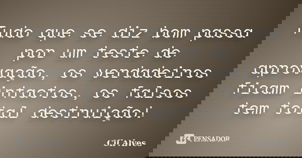 Tudo que se diz bom passa por um teste de aprovação, os verdadeiros ficam intactos, os falsos tem total destruição!... Frase de Cil Alves.