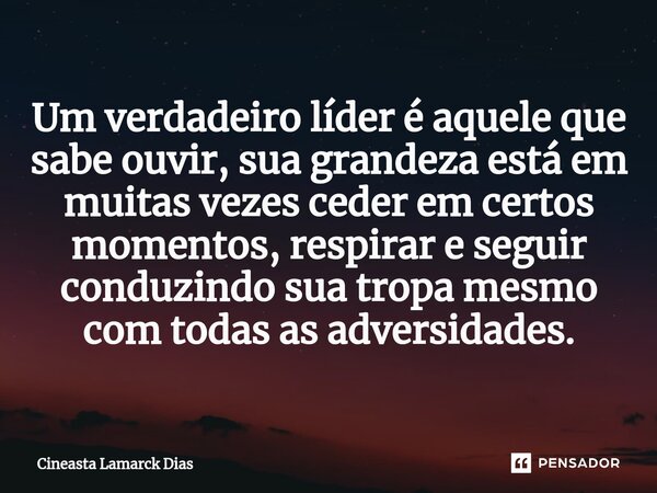 ⁠Um verdadeiro líder é aquele que sabe ouvir, sua grandeza está em muitas vezes ceder em certos momentos, respirar e seguir conduzindo sua tropa mesmo com todas... Frase de Cineasta Lamarck Dias.