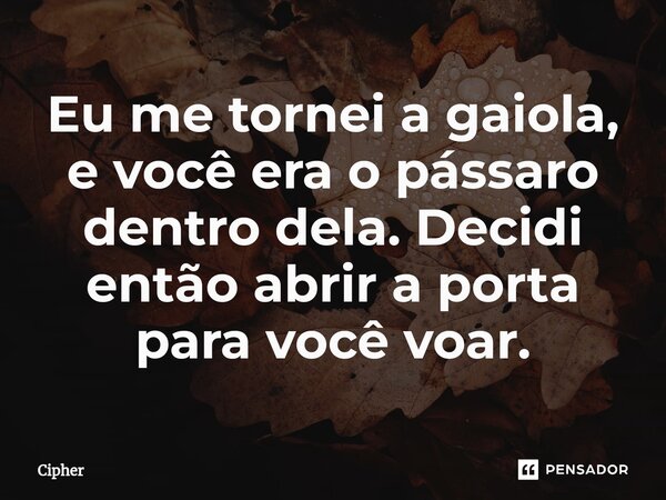 Eu me tornei a gaiola, e você era o pássaro dentro dela. Decidi então abrir a porta para você voar.... Frase de Cipher.