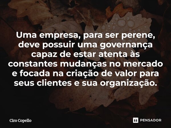 ⁠Uma empresa, para ser perene, deve possuir uma governança capaz de estar atenta às constantes mudanças no mercado e focada na criação de valor para seus client... Frase de Ciro Copello.