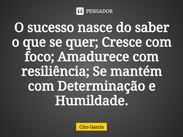 ⁠O sucesso nasce do saber o que se quer; Cresce com foco; Amadurece com resiliência; Se mantém com Determinação e Humildade.... Frase de Ciro Garcia.