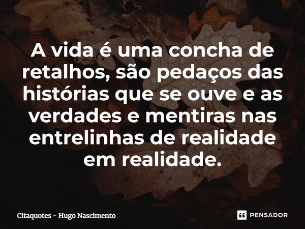 ⁠A vida é uma concha de retalhos, são pedaços das histórias que se ouve e as verdades e mentiras nas entrelinhas de realidade em realidade.... Frase de Citaquotes - Hugo Nascimento.