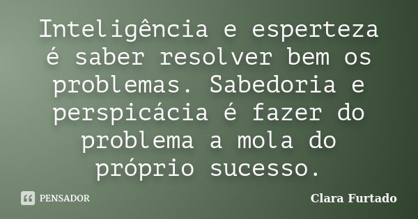 Inteligência e esperteza é saber resolver bem os problemas. Sabedoria e perspicácia é fazer do problema a mola do próprio sucesso.... Frase de Clara Furtado.