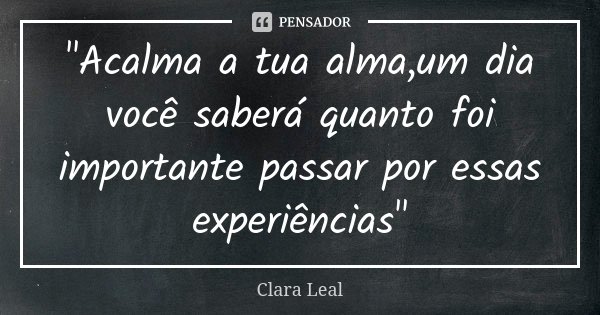 "Acalma a tua alma,um dia você saberá quanto foi importante passar por essas experiências"... Frase de Clara Leal.