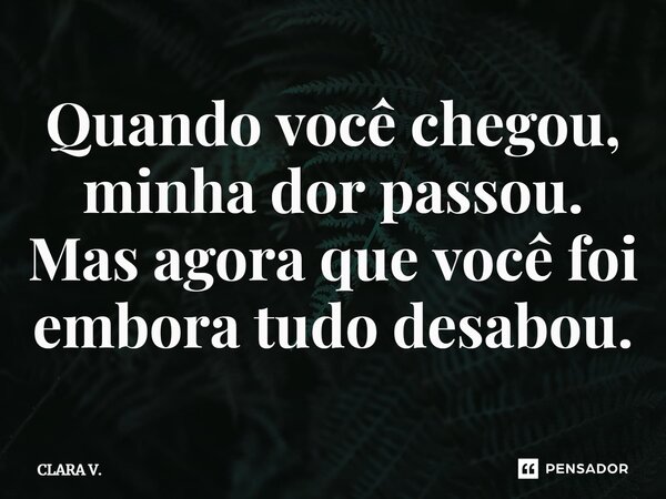 Quando você chegou, minha dor passou. Mas agora que você foi embora tudo desabou.... Frase de CLARA V..