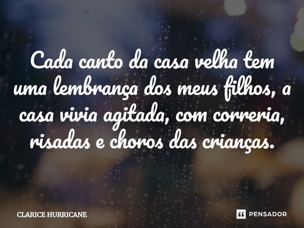 ⁠Cada canto da casa velha tem uma lembrança dos meus filhos, a casa vivia agitada, com correria, risadas e choros das crianças.... Frase de CLARICE HURRICANE.