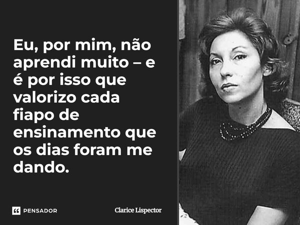⁠Eu, por mim, não aprendi muito – e é por isso que valorizo cada fiapo de ensinamento que os dias foram me dando.... Frase de Clarice Lispector.