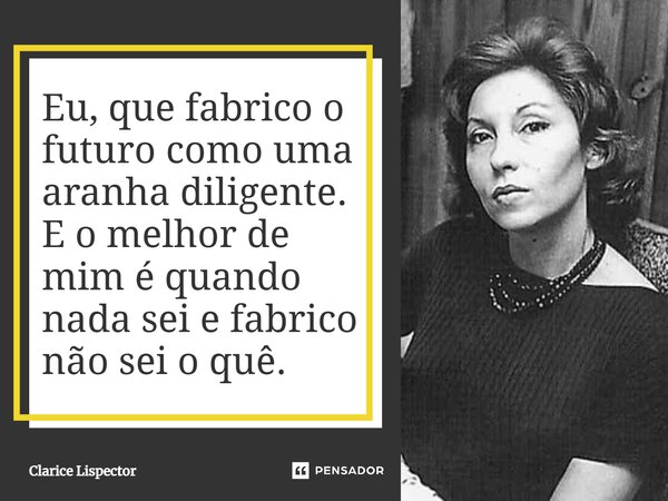 Eu, que fabrico o futuro como uma aranha diligente. E o melhor de mim é quando nada sei e fabrico não sei o quê.... Frase de Clarice Lispector.