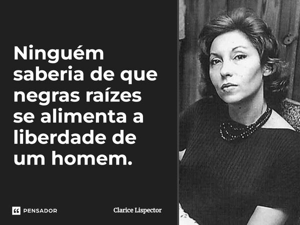 Ninguém saberia de que negras raízes se alimenta a liberdade de um homem.... Frase de Clarice Lispector.