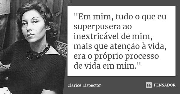 "Em mim, tudo o que eu superpusera ao inextricável de mim, mais que atenção à vida, era o próprio processo de vida em mim."... Frase de Clarice Lispector.