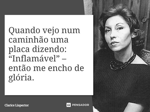 Quando vejo num caminhão uma placa dizendo: “Inflamável” – então me encho de glória.... Frase de Clarice Lispector.