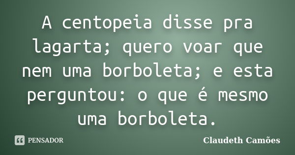 A centopeia disse pra lagarta; quero voar que nem uma borboleta; e esta perguntou: o que é mesmo uma borboleta.... Frase de Claudeth Camões.