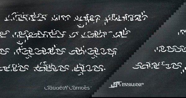 Cristes um vago, quando me negastes o calor de nossos traçados abraços, sane-os pelos falsos laços.... Frase de Claudeth Camões.
