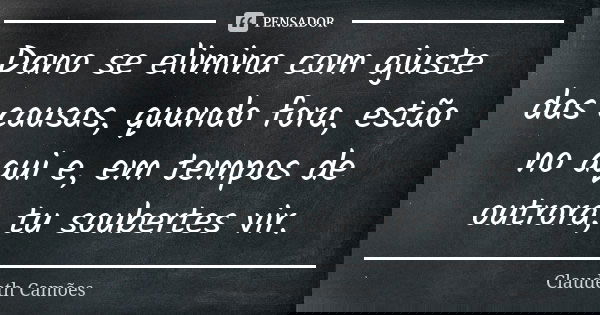 Dano se elimina com ajuste das causas, quando fora, estão no aqui e, em tempos de outrora, tu soubertes vir.... Frase de Claudeth Camões.