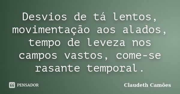 Desvios de tá lentos, movimentação aos alados, tempo de leveza nos campos vastos, come-se rasante temporal.... Frase de Claudeth Camões.