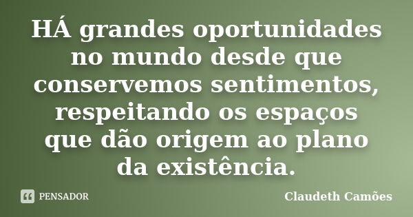 HÁ grandes oportunidades no mundo desde que conservemos sentimentos, respeitando os espaços que dão origem ao plano da existência.... Frase de Claudeth Camões.