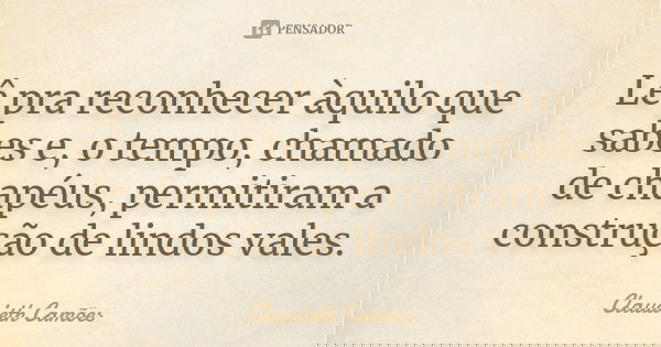 Lê pra reconhecer àquilo que sabes e, o tempo, chamado de chapéus, permitiram a construção de lindos vales.... Frase de Claudeth Camões.