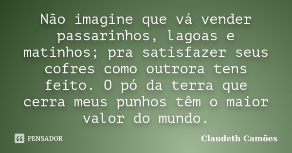 Não imagine que vá vender passarinhos, lagoas e matinhos; pra satisfazer seus cofres como outrora tens feito. O pó da terra que cerra meus punhos têm o maior va... Frase de Claudeth Camões.