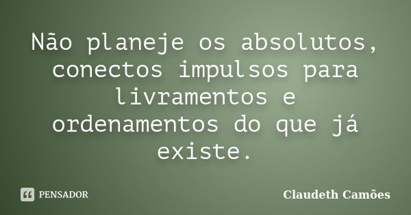 Não planeje os absolutos, conectos impulsos para livramentos e ordenamentos do que já existe.... Frase de Claudeth Camões.