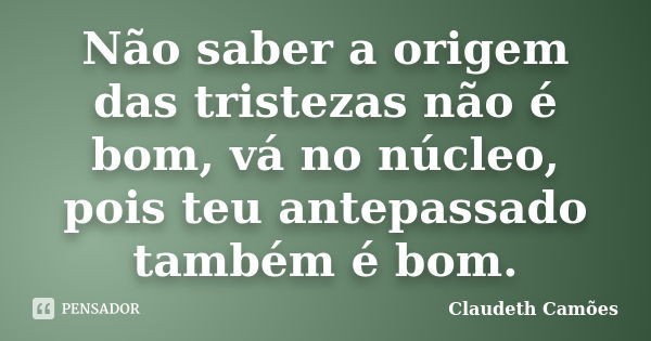 Não saber a origem das tristezas não é bom, vá no núcleo, pois teu antepassado também é bom.... Frase de Claudeth Camões.