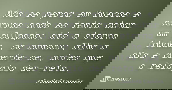Não se perca em buscas e curvas onde se tenta achar um culpado; até a eterna idade, se cansou; olhe o dia e acerte-se, antes que o relógio der-reta.... Frase de Claudeth Camões.