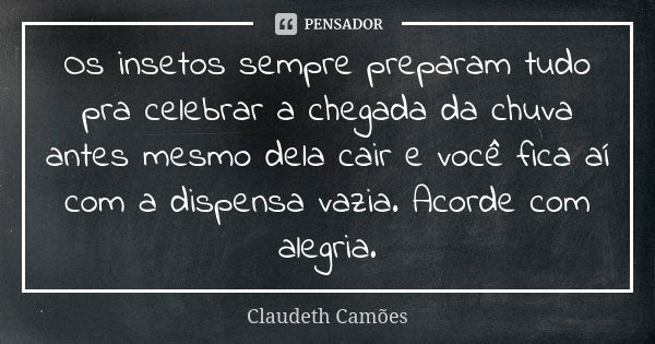 Os insetos sempre preparam tudo pra celebrar a chegada da chuva antes mesmo dela cair e você fica aí com a dispensa vazia. Acorde com alegria.... Frase de Claudeth Camões.