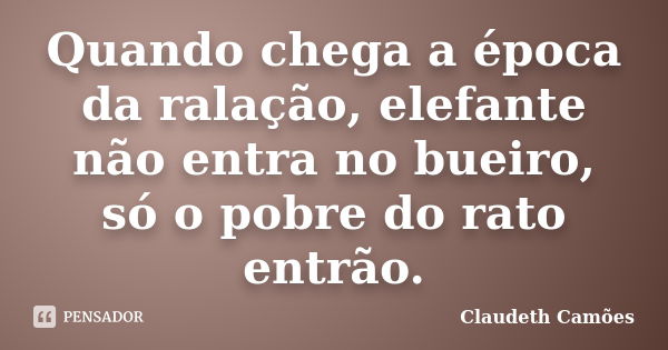 Quando chega a época da ralação, elefante não entra no bueiro, só o pobre do rato entrão.... Frase de Claudeth Camões.