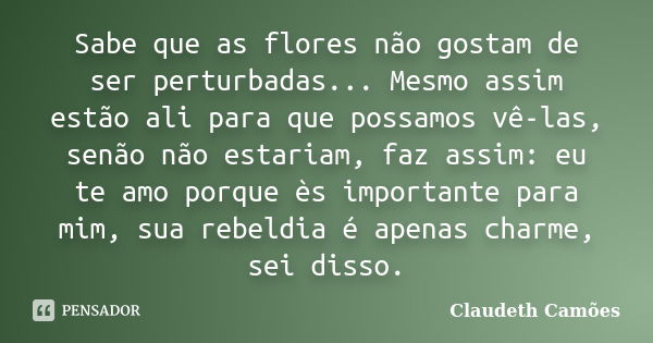 Sabe que as flores não gostam de ser perturbadas... Mesmo assim estão ali para que possamos vê-las, senão não estariam, faz assim: eu te amo porque ès important... Frase de Claudeth Camões.