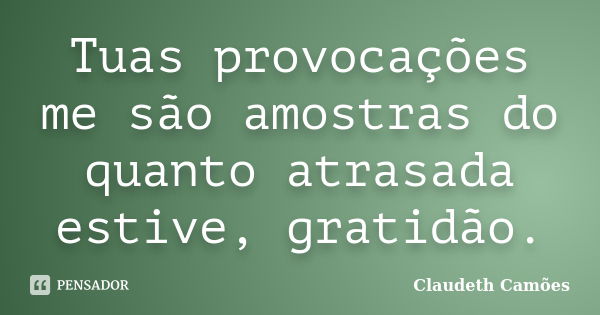 Tuas provocações me são amostras do quanto atrasada estive, gratidão.... Frase de Claudeth Camões.