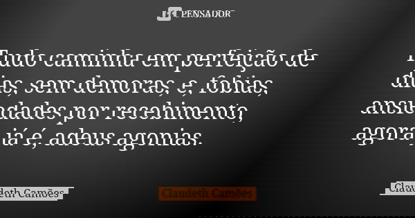 Tudo caminha em perfeição de dias, sem demoras, e, fobias, ansiedades por recebimento, agora já é, adeus agonias.... Frase de Claudeth Camões.