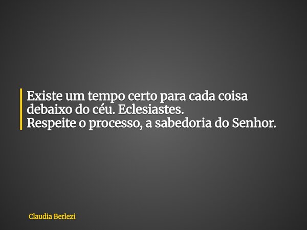 Existe um tempo certo para cada coisa debaixo do céu. Eclesiastes. Respeite o processo, a sabedoria do Senhor.... Frase de Claudia Berlezi.