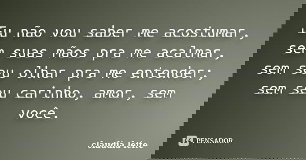 Eu não vou saber me acostumar, sem suas mãos pra me acalmar, sem seu olhar pra me entender; sem seu carinho, amor, sem você.... Frase de Claudia Leite.