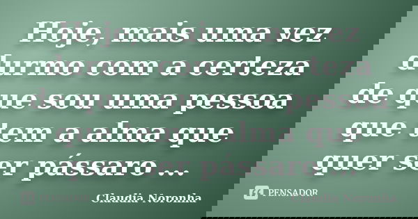 Hoje, mais uma vez durmo com a certeza de que sou uma pessoa que tem a alma que quer ser pássaro ...... Frase de Claudia Noronha.