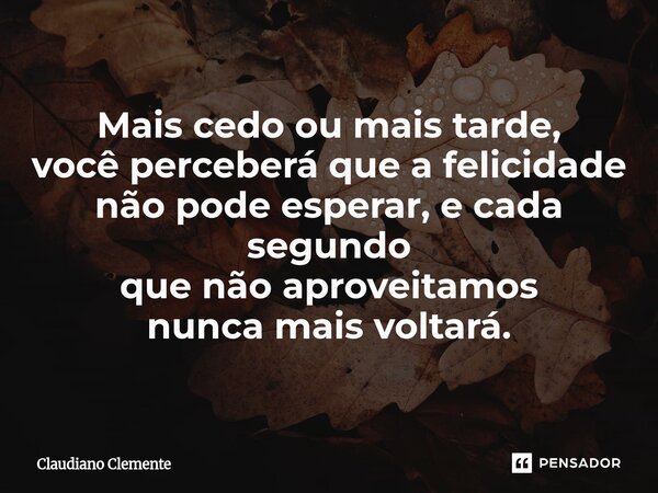 ⁠Mais cedo ou mais tarde, você perceberá que a felicidade não pode esperar, e cada segundo que não aproveitamos nunca mais voltará.... Frase de Claudiano Clemente.