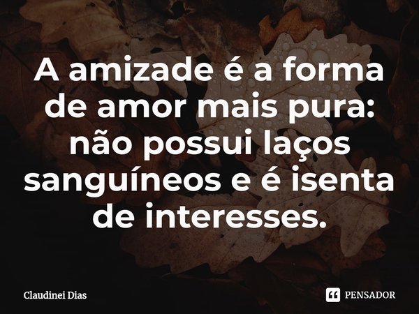 ⁠A amizade é a forma de amor mais pura: não possui laços sanguíneos e é isenta de interesses.... Frase de Claudinei Dias.