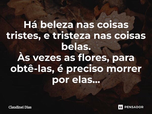 ⁠Há beleza nas coisas tristes, e tristeza nas coisas belas.
Às vezes as flores, para obtê-las, é preciso morrer por elas...... Frase de Claudinei Dias.